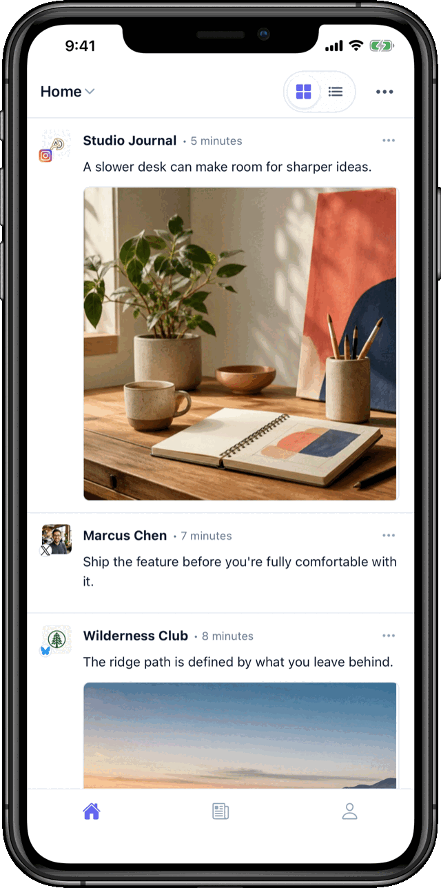Inks home timeline with posts from Instagram, X, and Bluesky